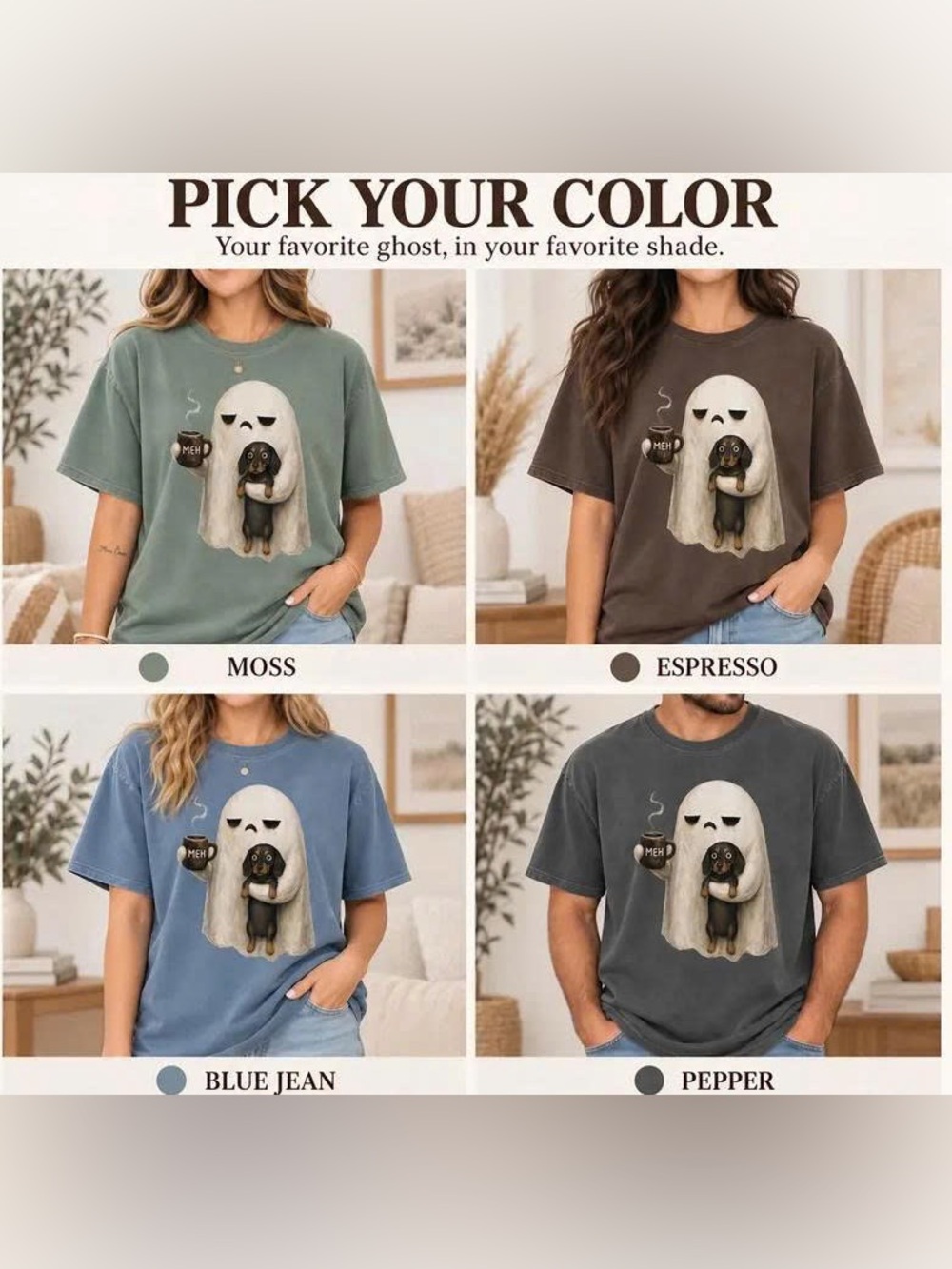 Ghost & Dog Short Sleeve Tee - Moss, Espresso, Blue Jean, Pepper